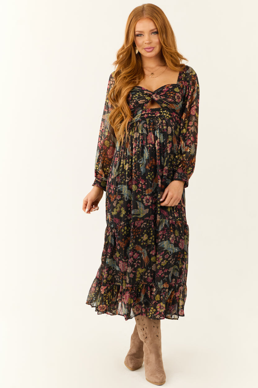 Black Floral Print Front Twist Maxi Dress