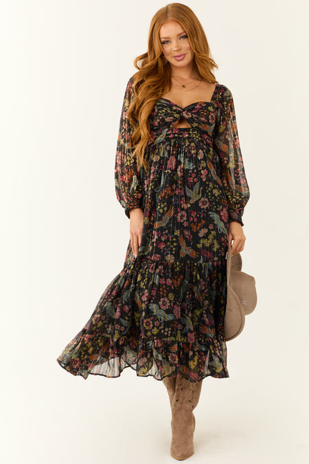 Black Floral Print Front Twist Maxi Dress