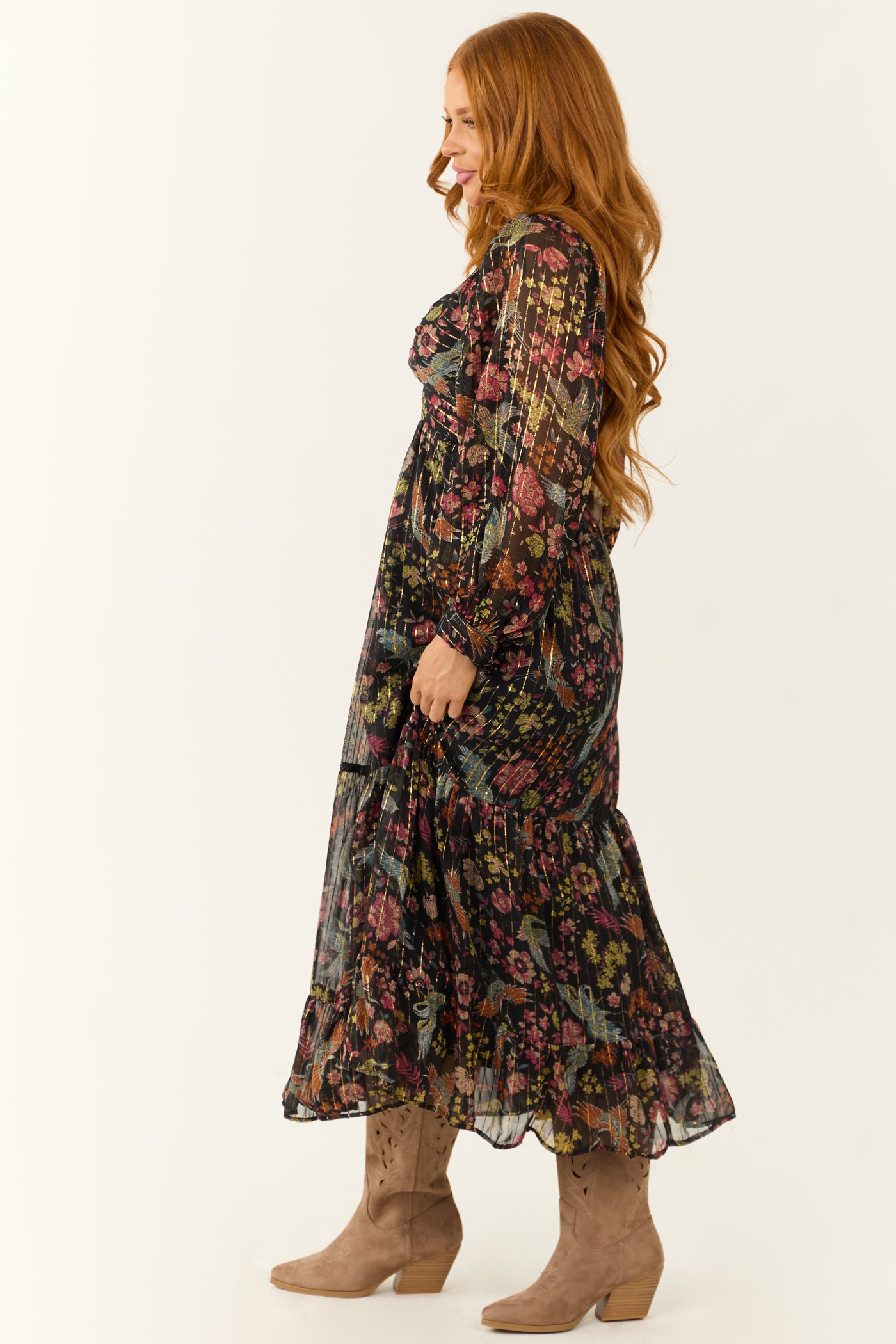 Black Floral Print Front Twist Maxi Dress