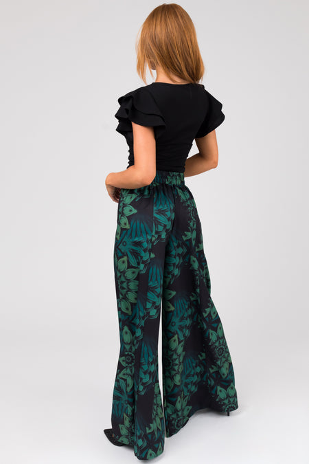 Black Floral Print High Waist Wide Leg Pants