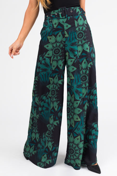 Black Floral Print High Waist Wide Leg Pants