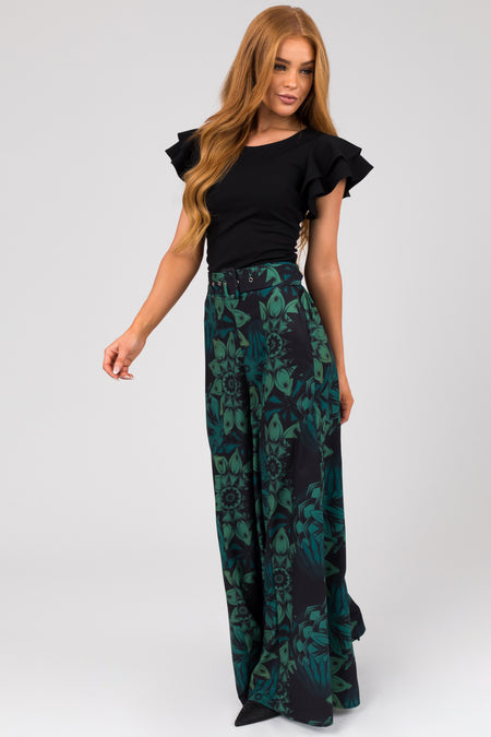 Black Floral Print High Waist Wide Leg Pants