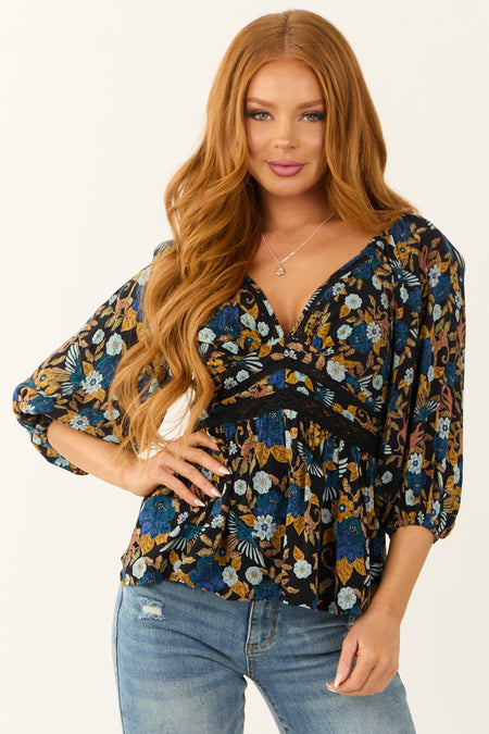 Black Floral Print Lace Detail V Neck Blouse