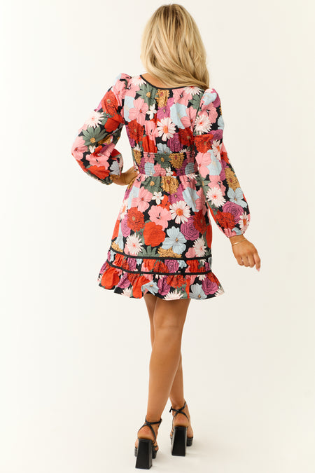 Black Bright Floral Print Long Sleeve Mini Dress