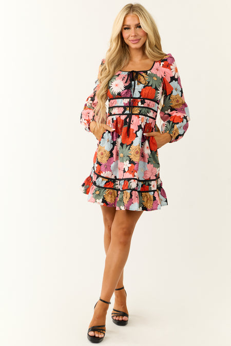 Black Bright Floral Print Long Sleeve Mini Dress