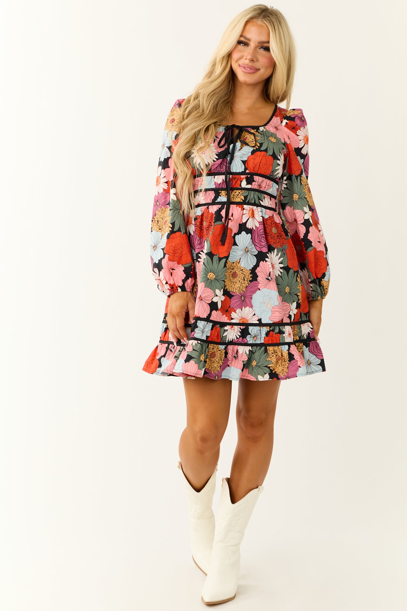 Black Bright Floral Print Long Sleeve Mini Dress