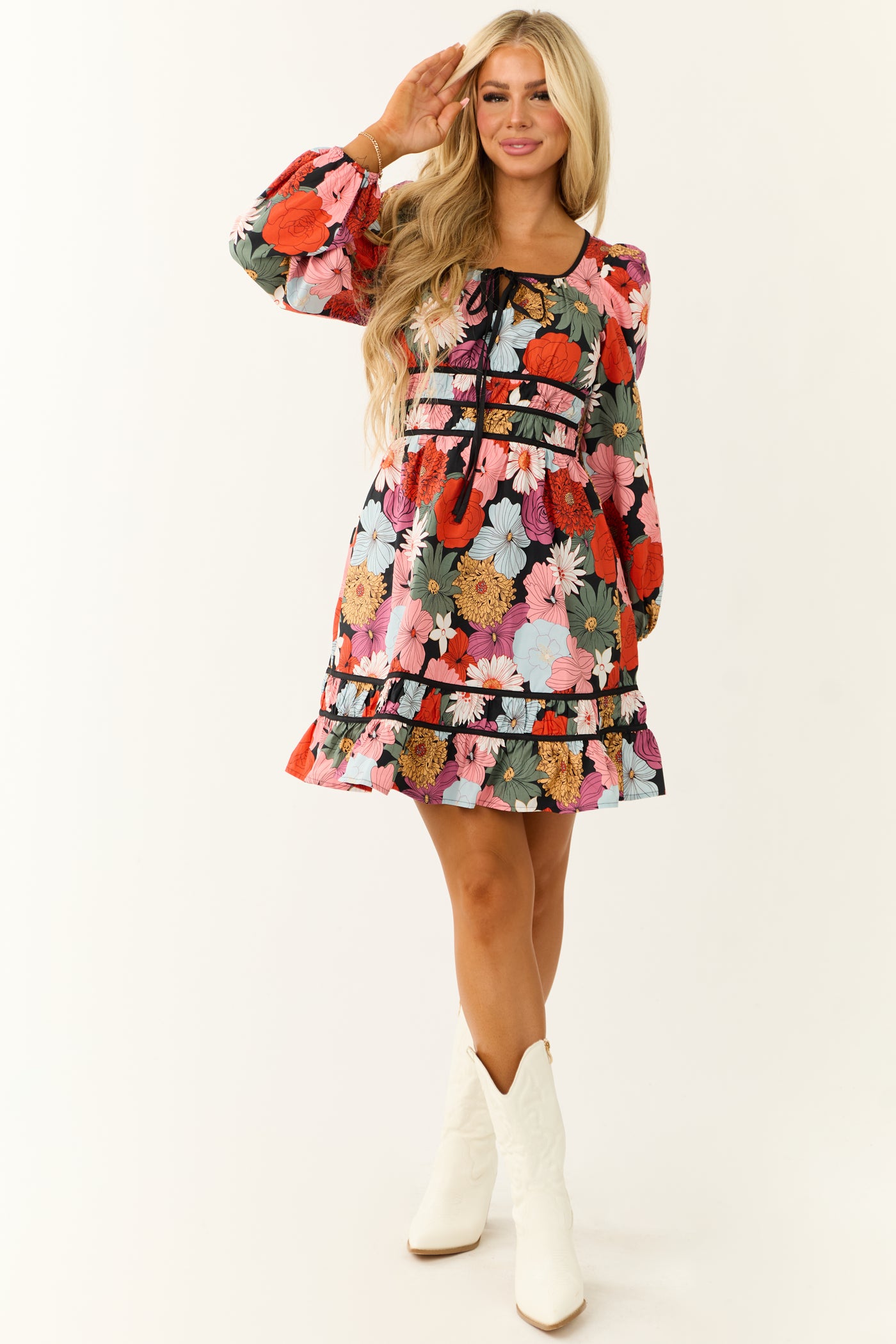 Black Bright Floral Print Long Sleeve Mini Dress