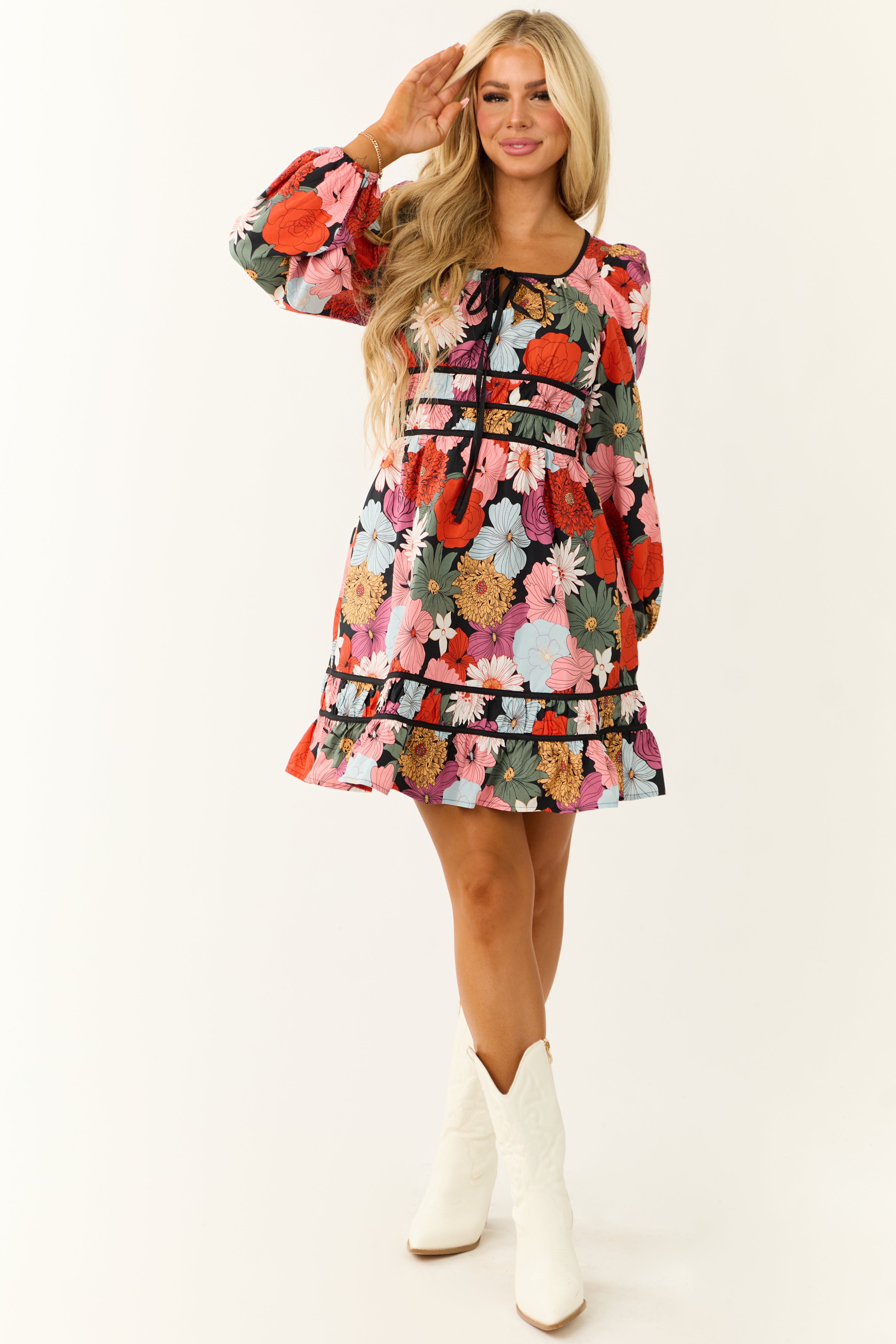 Black Bright Floral Print Long Sleeve Mini Dress