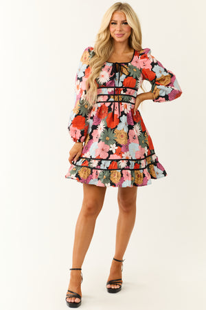 Black Bright Floral Print Long Sleeve Mini Dress