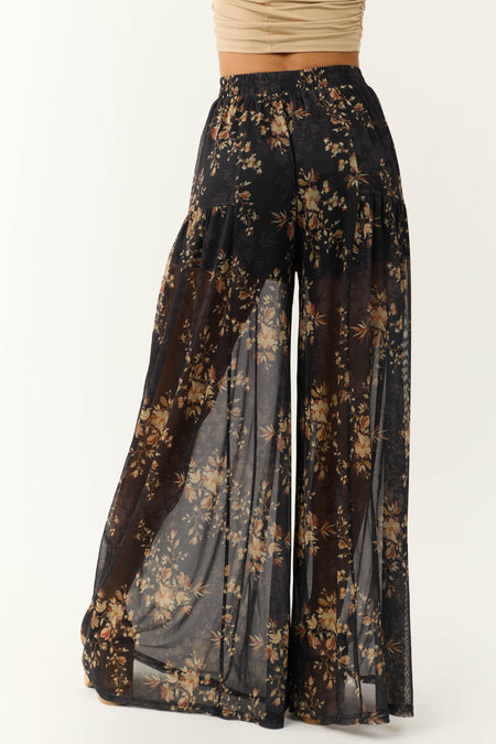 Black Floral Print Mesh Palazzo Pants