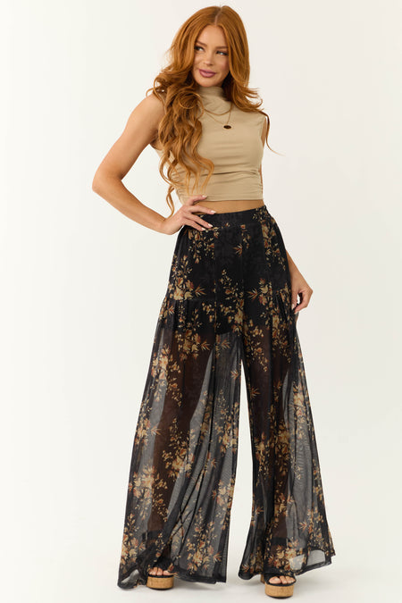 Black Floral Print Mesh Palazzo Pants