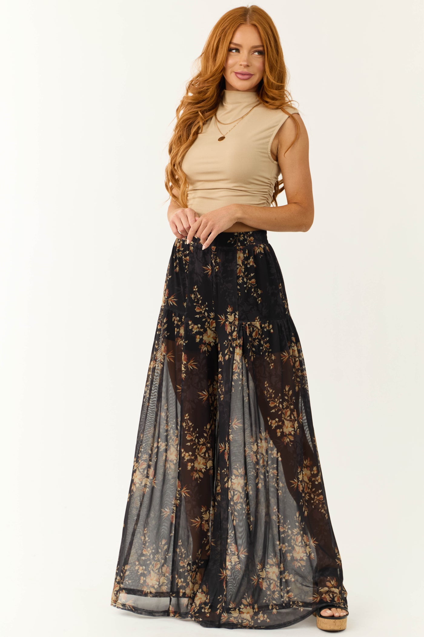 Black Floral Print Mesh Palazzo Pants