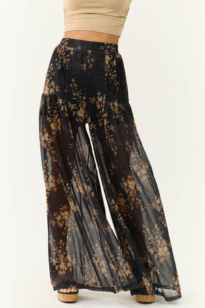 Black Floral Print Mesh Palazzo Pants