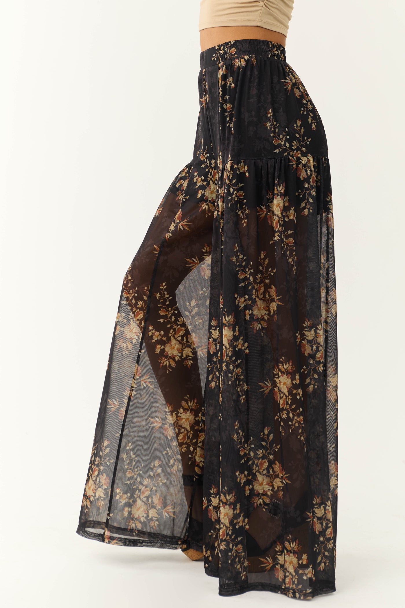 Black Floral Print Mesh Palazzo Pants