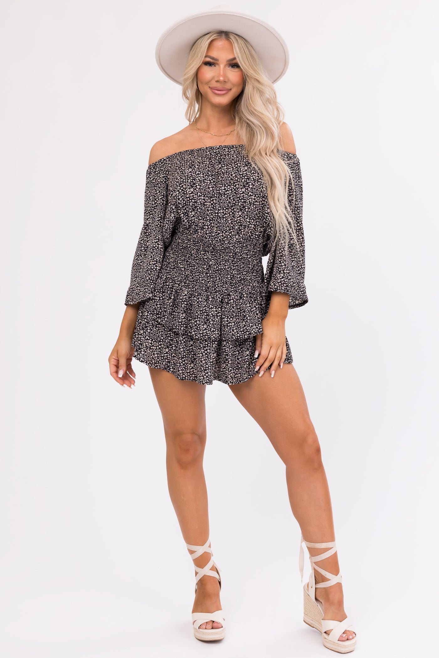 Black Floral Print Off Shoulder Romper