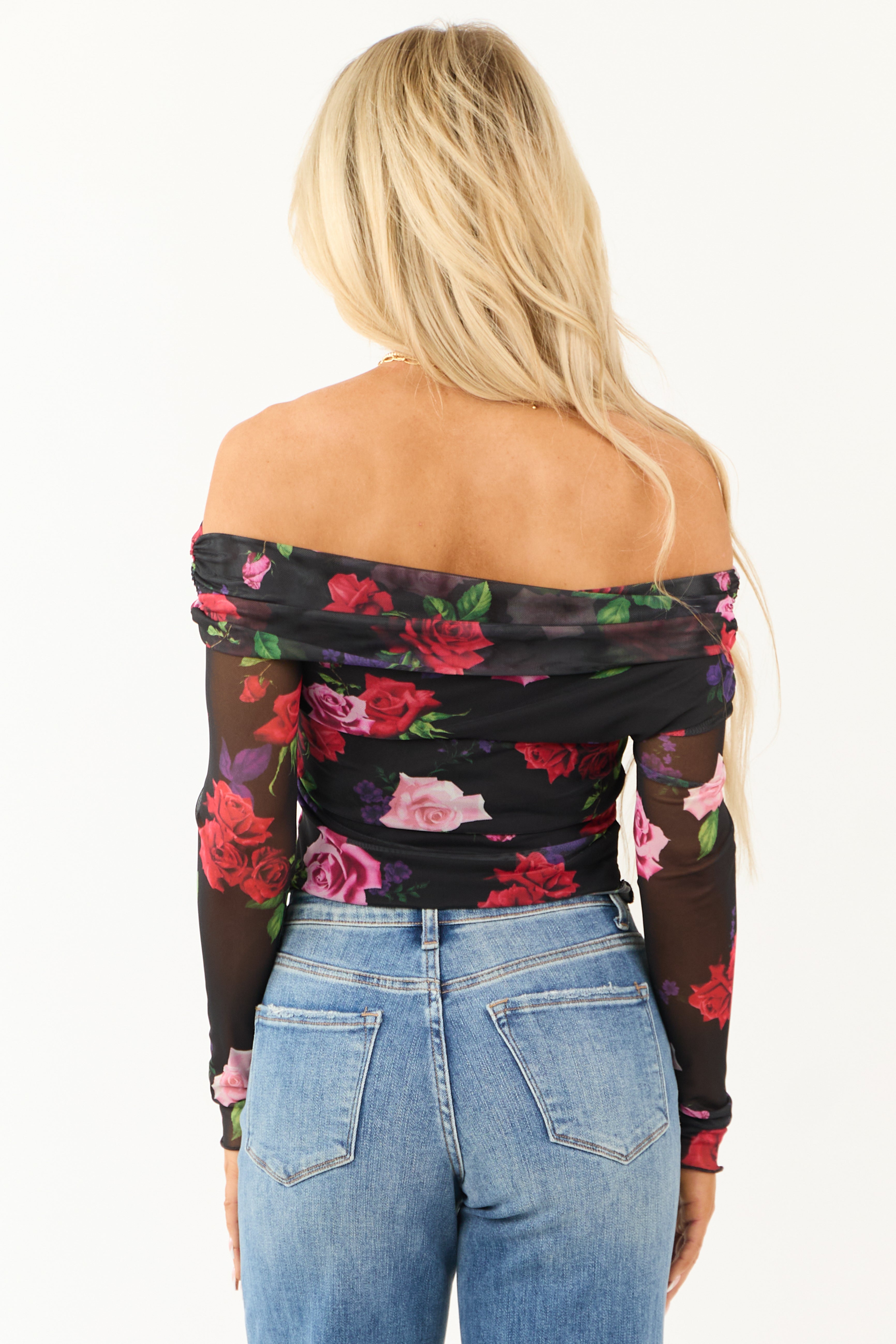 Black Floral Print Ruched Mesh Off Shoulder Top