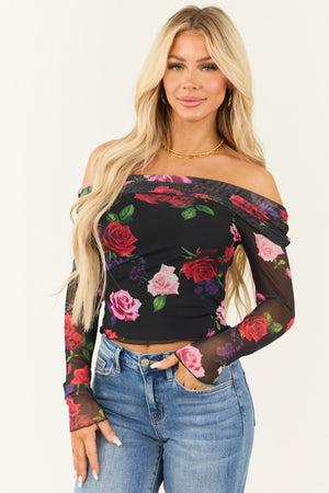 Black Floral Print Ruched Mesh Off Shoulder Top