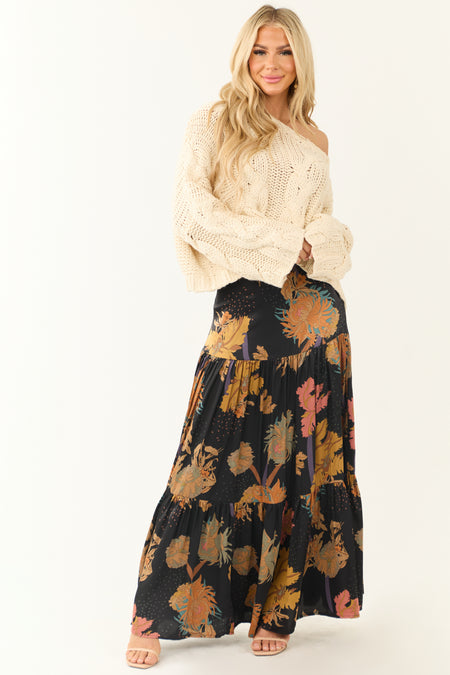 Black Floral Print Satin Tiered Maxi Skirt