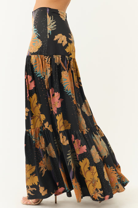 Black Floral Print Satin Tiered Maxi Skirt