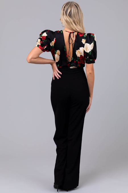 Black Floral Print Short Puff Sleeve Jumpsuit