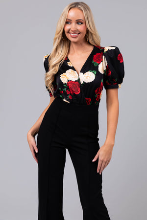 Black Floral Print Short Puff Sleeve Jumpsuit