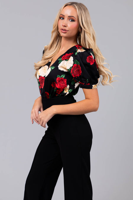 Black Floral Print Short Puff Sleeve Jumpsuit