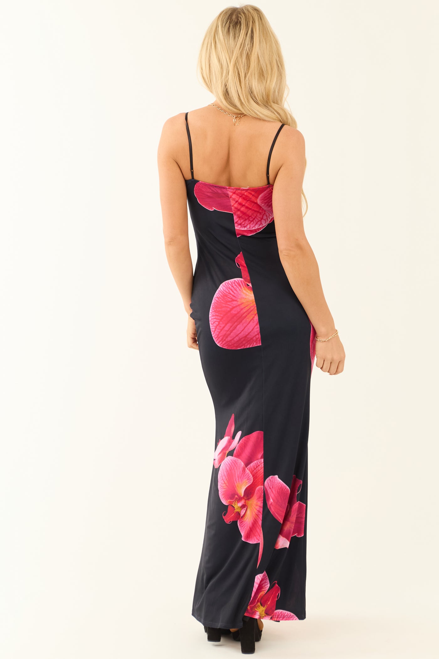 Black Floral Print Sleeveless Satin Maxi Dress