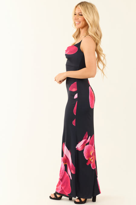 Black Floral Print Sleeveless Satin Maxi Dress