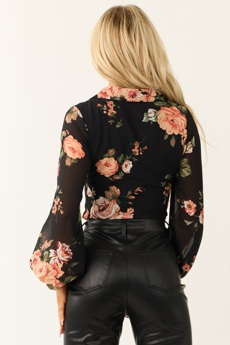 Black Floral Print Smocked Buttoned Crop Top