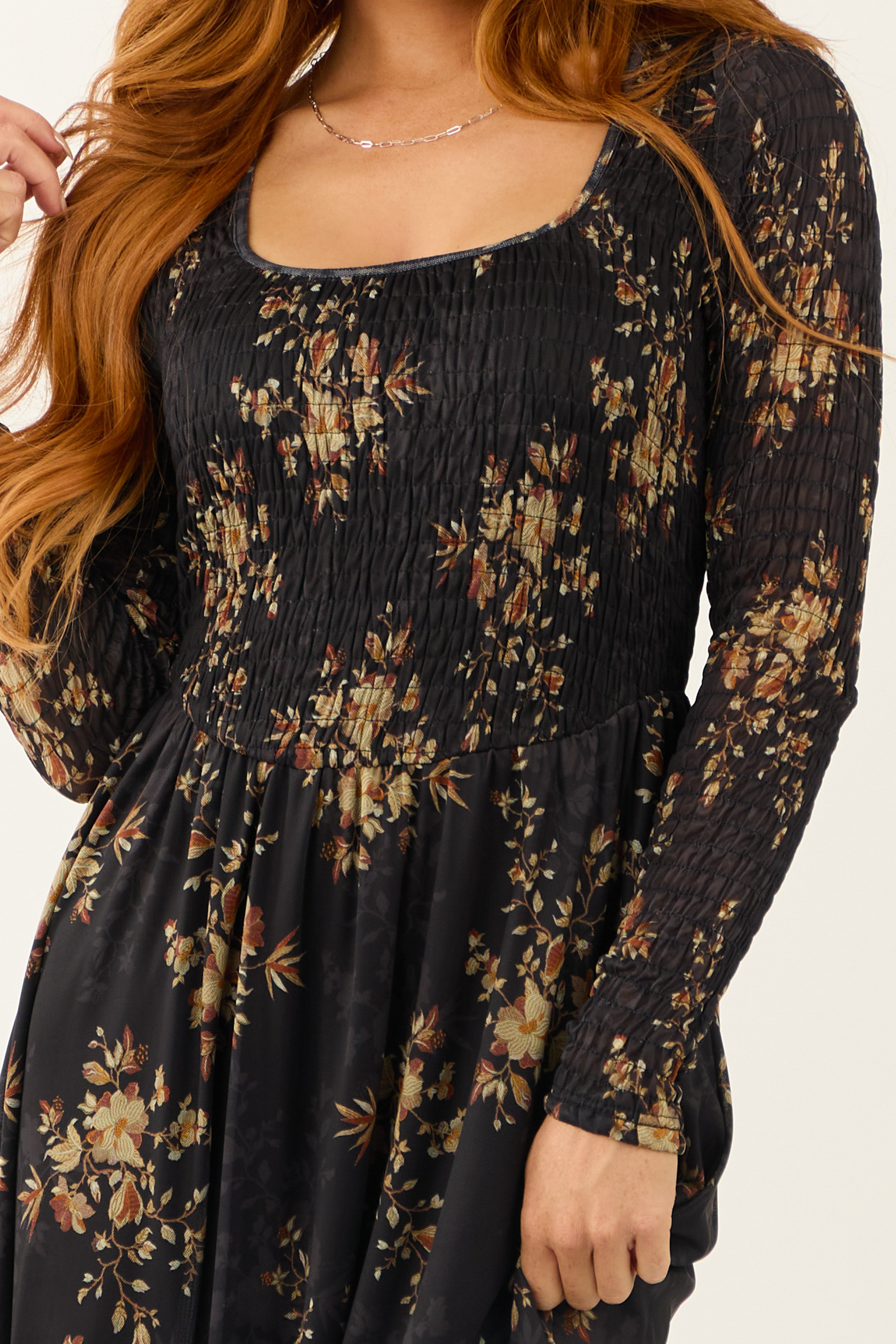 Black Floral Print Smocked Scoop Mini Dress