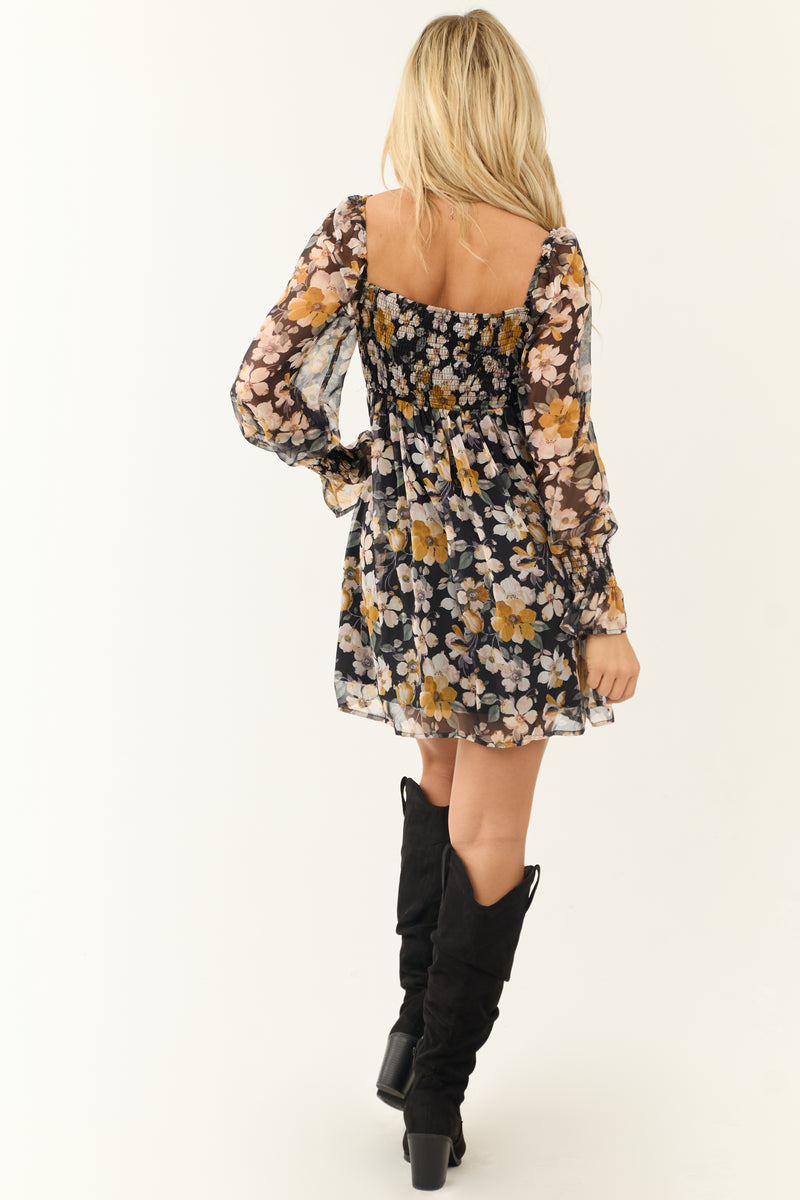 Black Floral Print Sweetheart Neck Short Dress