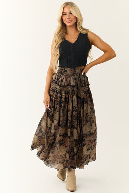 Black Floral Print Tiered Smocked Maxi Skirt