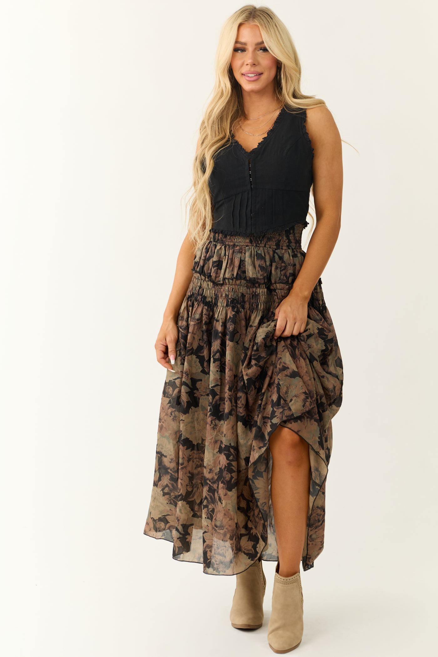 Black Floral Print Tiered Smocked Maxi Skirt