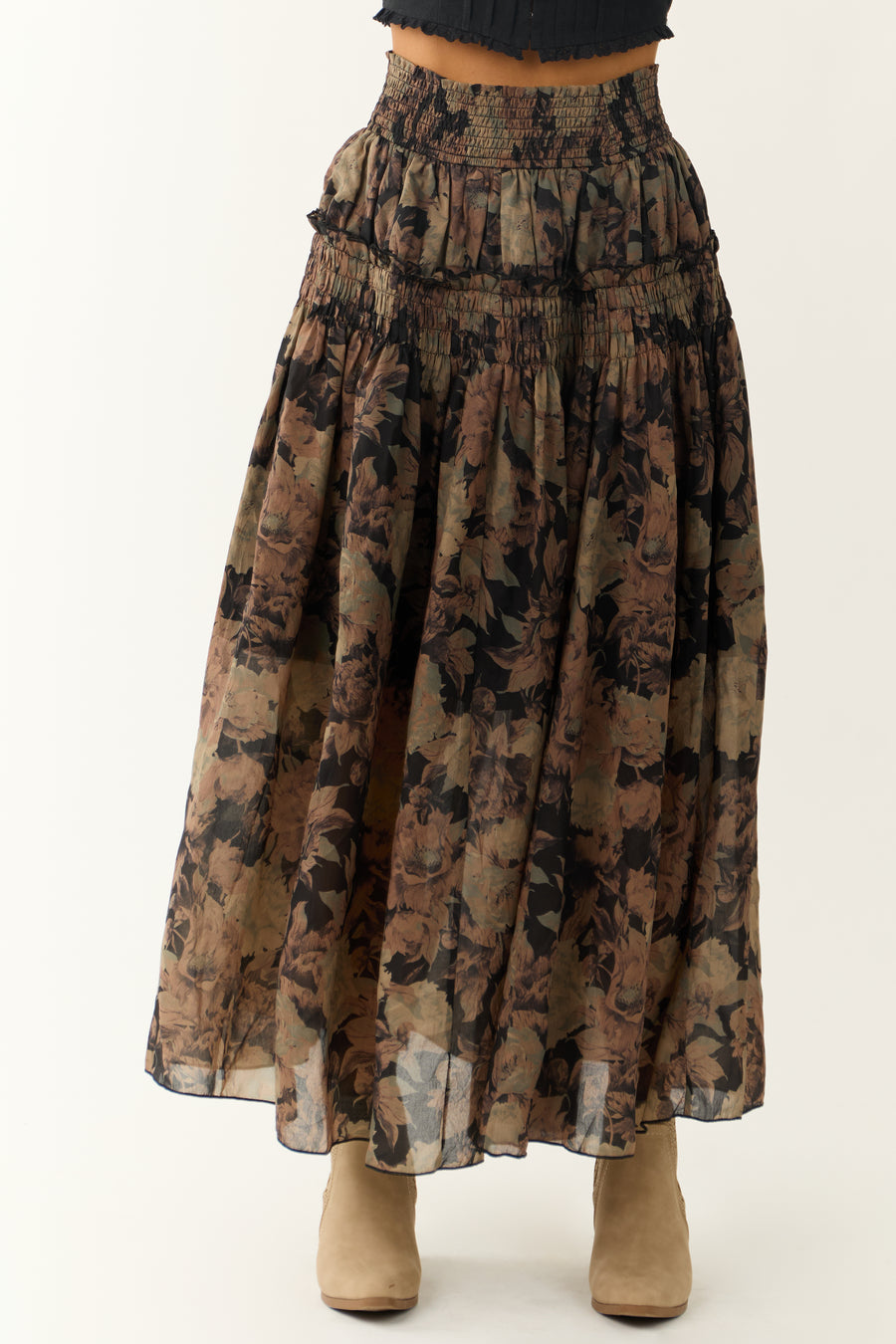 Black Floral Print Tiered Smocked Maxi Skirt