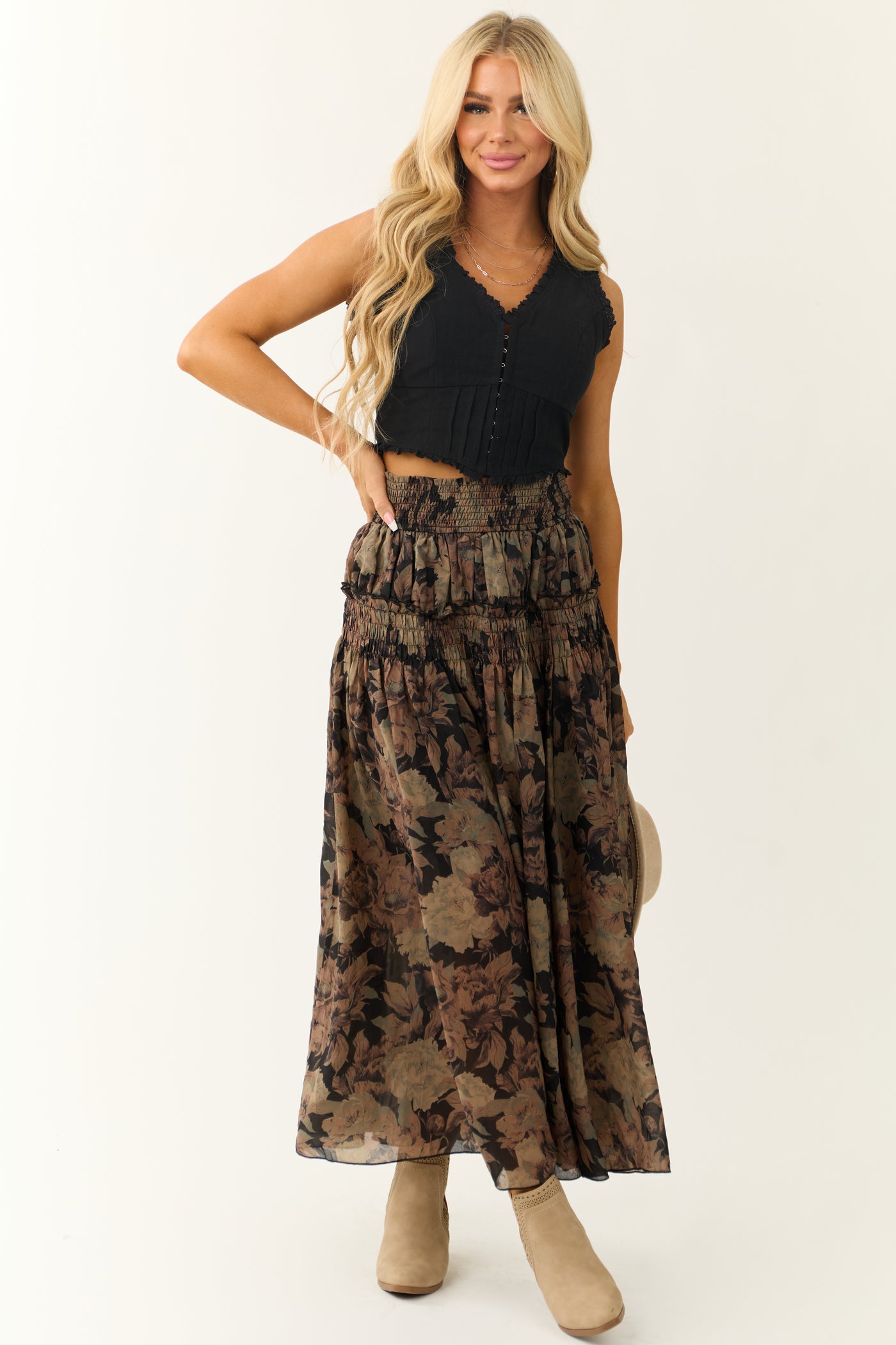 Black Floral Print Tiered Smocked Maxi Skirt