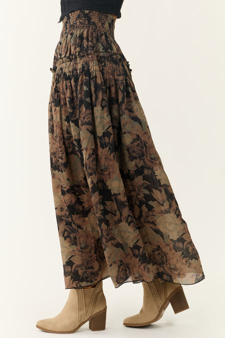 Black Floral Print Tiered Smocked Maxi Skirt