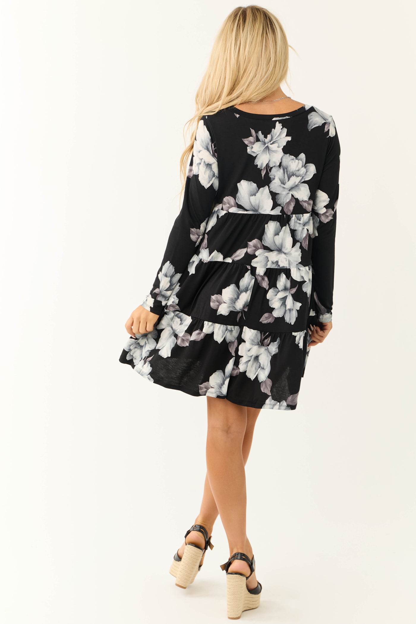 Black Floral Print Tiered V Neck Mini Dress