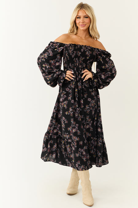 Black Floral Smocked Babydoll Long Sleeve Maxi Dress