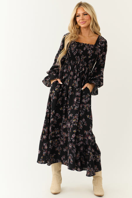 Black Floral Smocked Babydoll Long Sleeve Maxi Dress