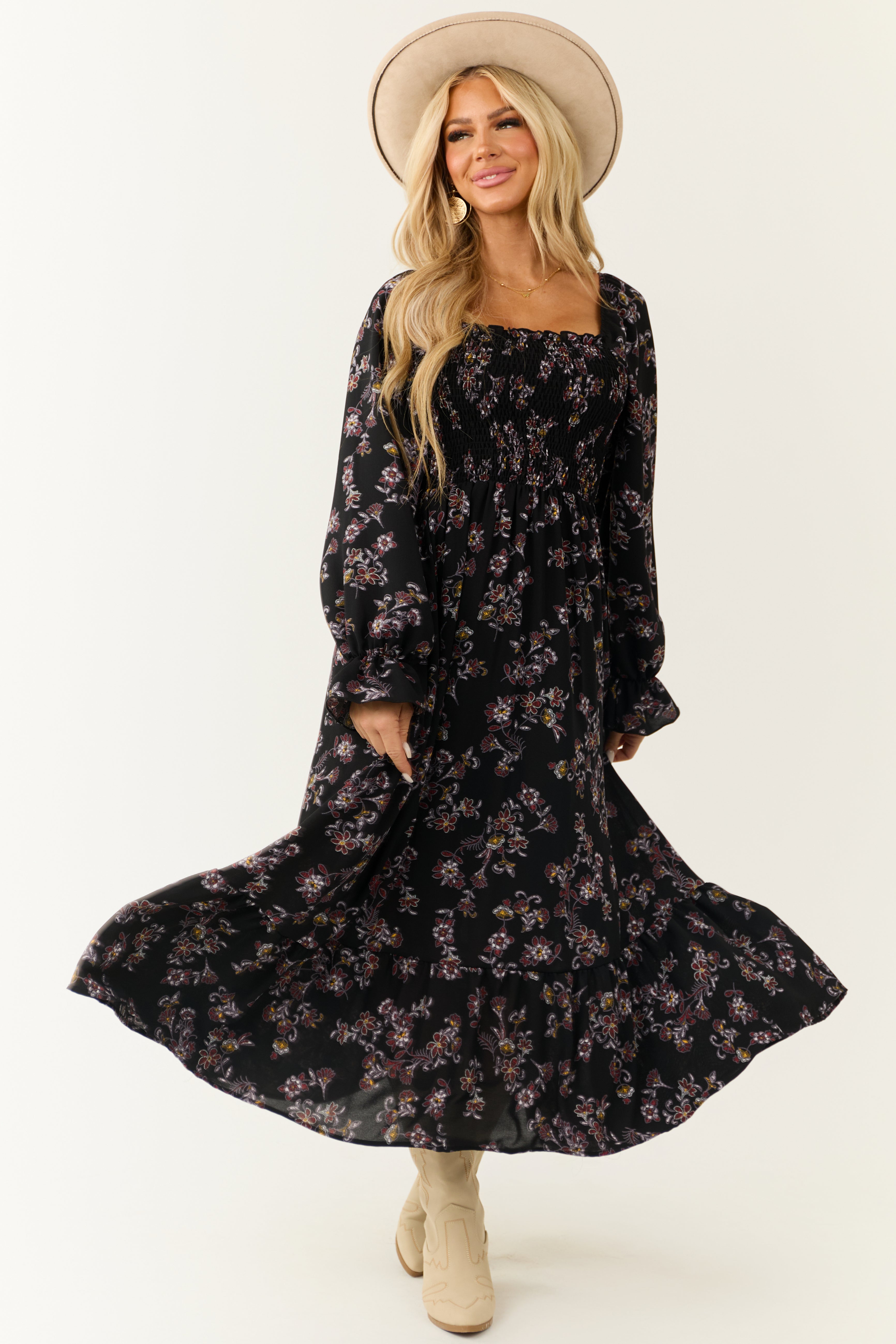 Black Floral Smocked Babydoll Long Sleeve Maxi Dress