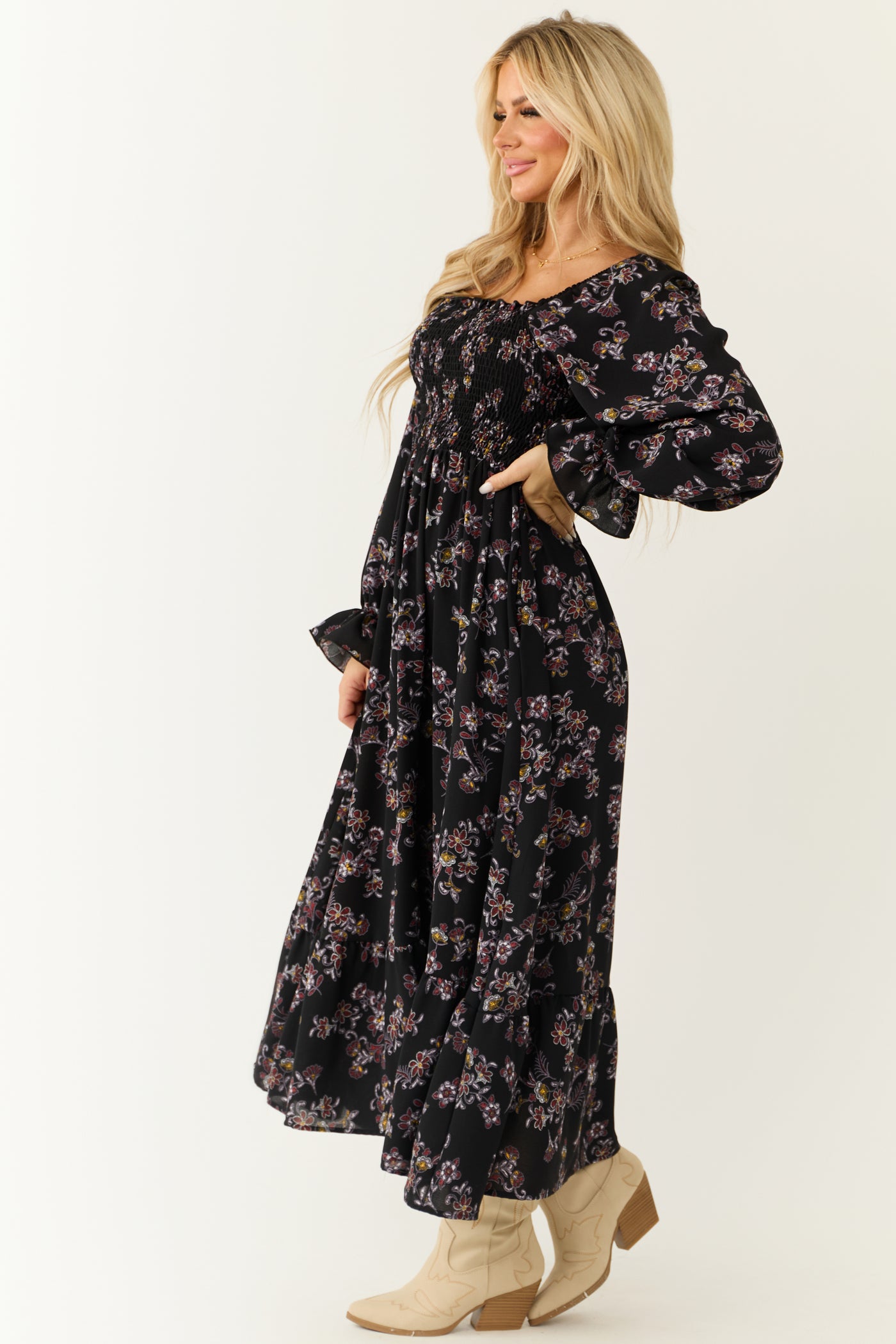 Black Floral Smocked Babydoll Long Sleeve Maxi Dress