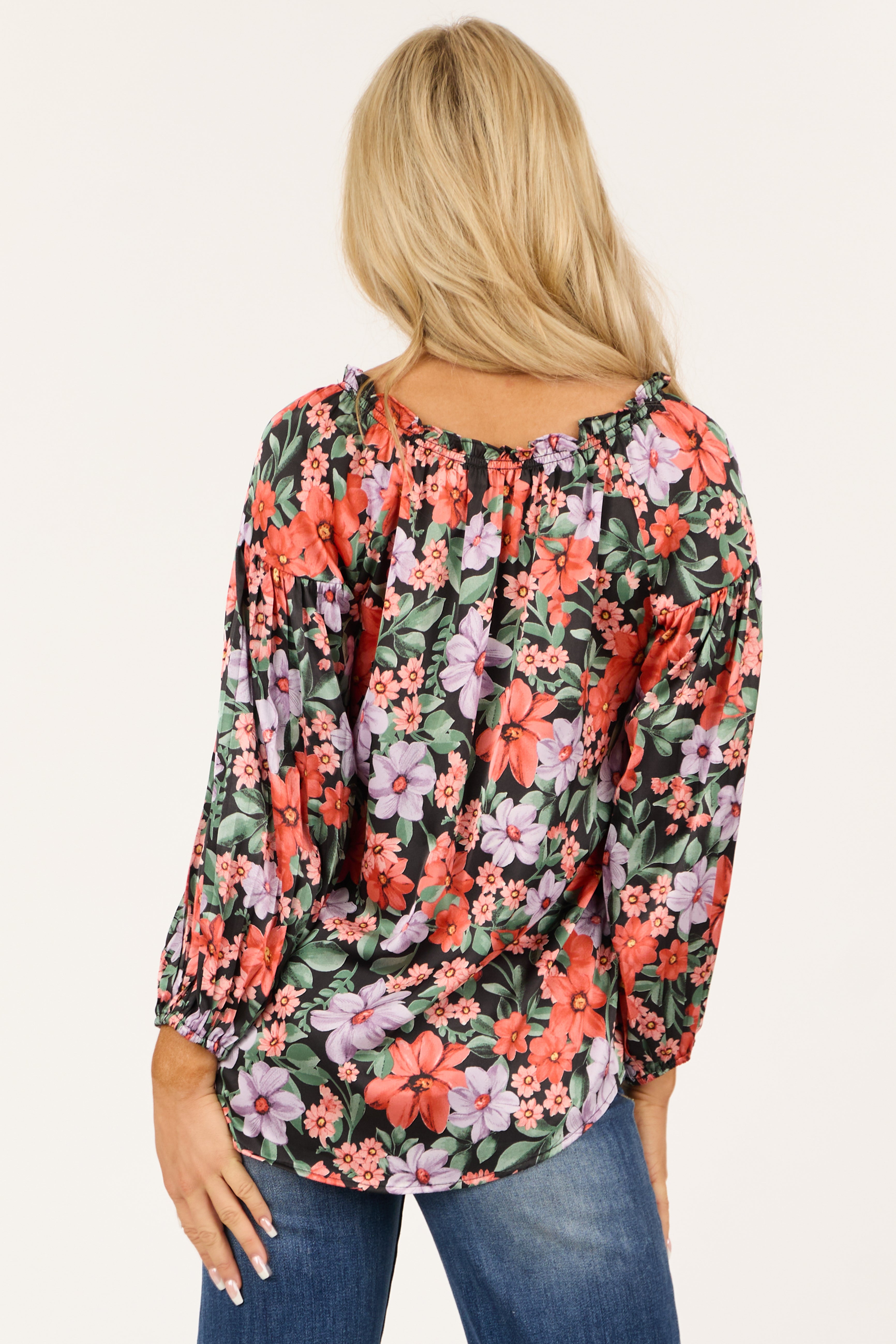 Black Floral V Neck Pleated Long Sleeve Top