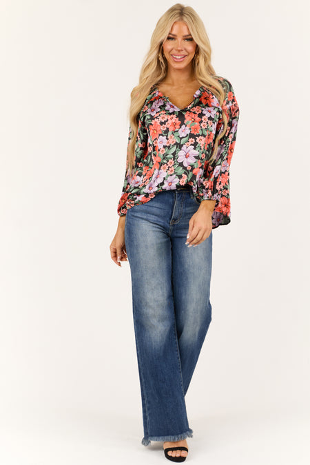 Black Floral V Neck Pleated Long Sleeve Top