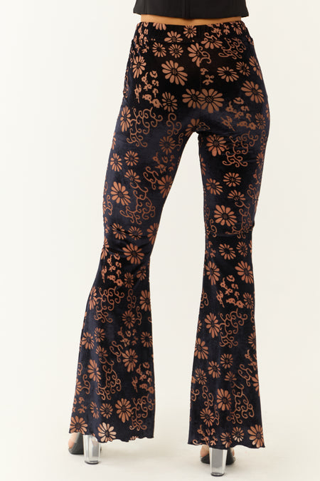 Black Floral Velvet High Rise Flared Pants