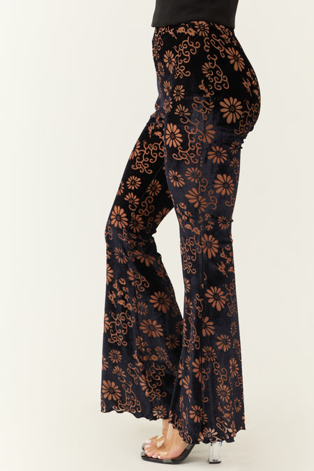 Black Floral Velvet High Rise Flared Pants