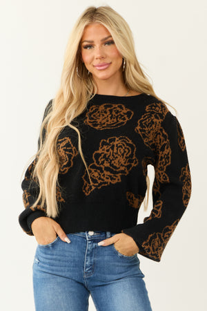 Black Flower Pattern Knit Long Sleeve Sweater