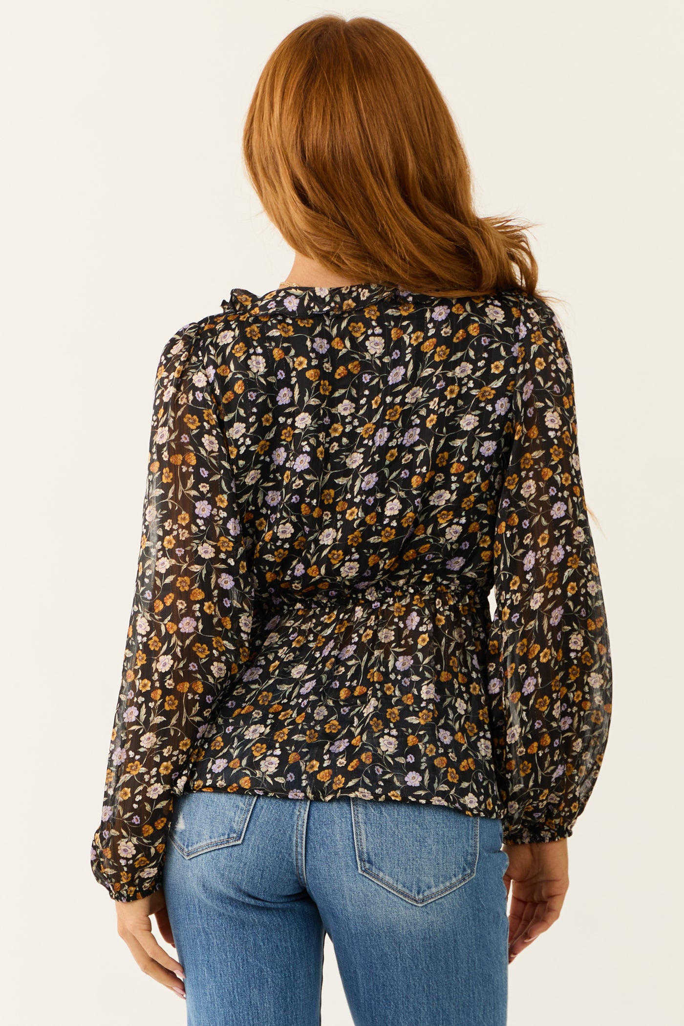 Black Flower Print Surplice Front Peplum Blouse