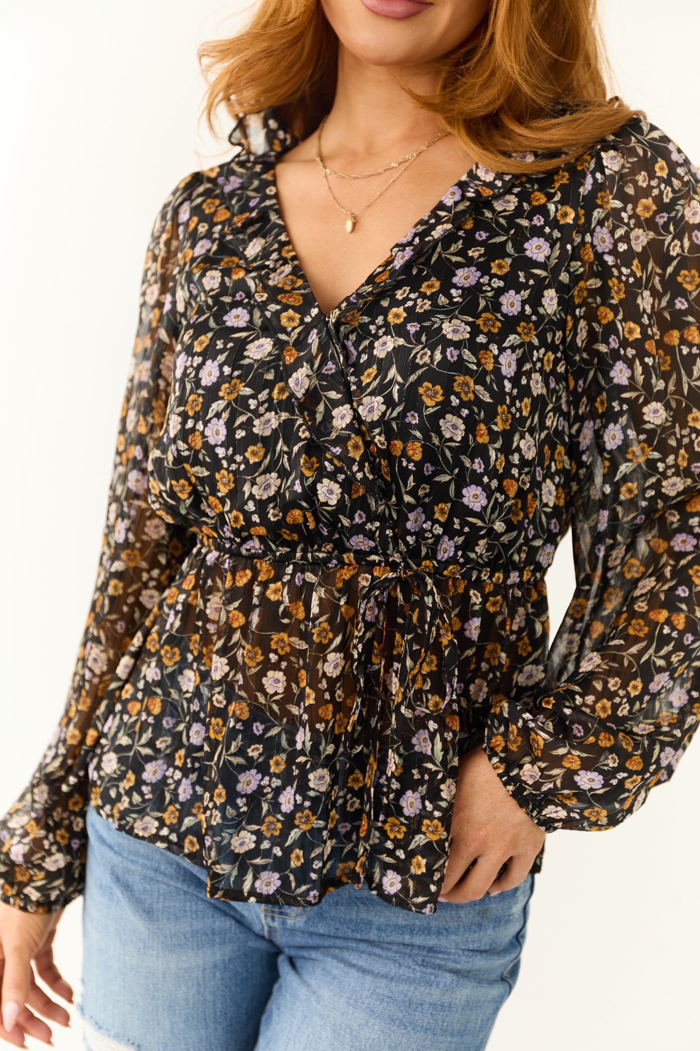 Black Flower Print Surplice Front Peplum Blouse