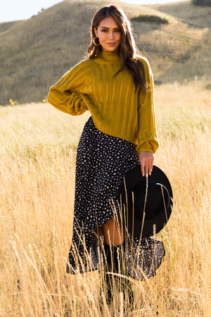 Black Flowy Animal Print Midi Skirt with Slit