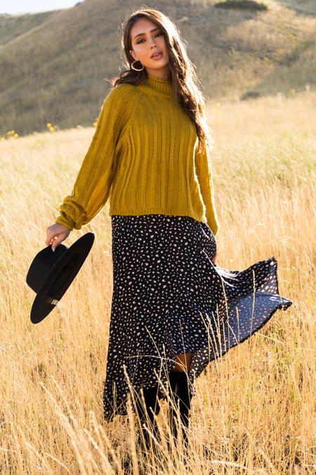 Black Flowy Animal Print Midi Skirt with Slit